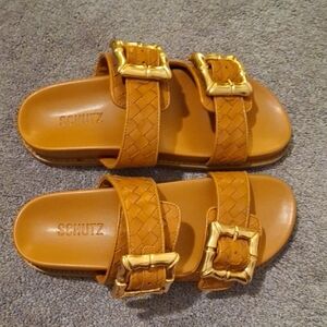 SCHUTZ Enola Woven Slides with Gold Accents Anthropologie